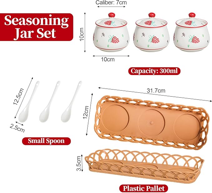 Kitchen Ceramic Condiment Jars with Lids and Spoons, 3 Piece Kitchen Ceramic Seasoning Jar Set for Salt Spice Suger Pepper, Sugar Coffee Tea Container Pot with Serving Tray - Red Strawberry