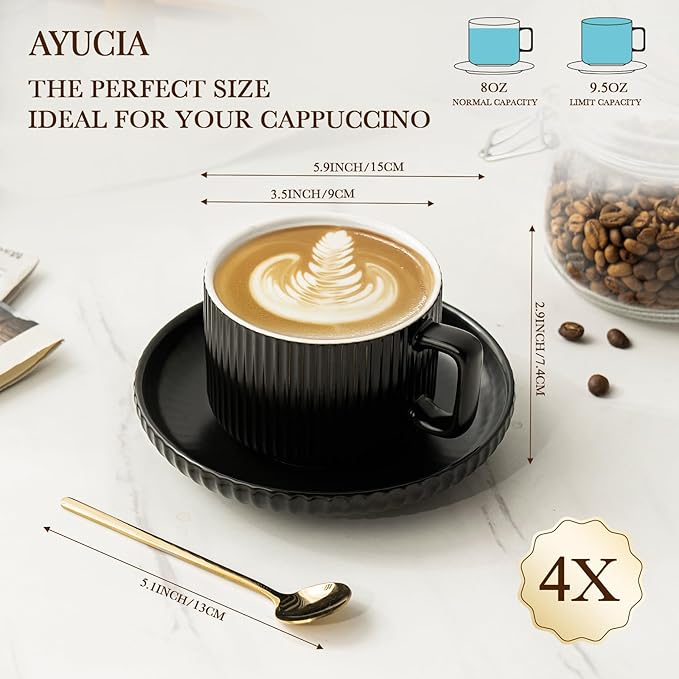 8 Ounce Cappuccino Cups Set of 4, Latte Mugs with Saucers and Spoons, Black Ceramic Coffee Mugs Tea Cups for Cappuccino Latte Mocha Au Lait Macchiato Cafe