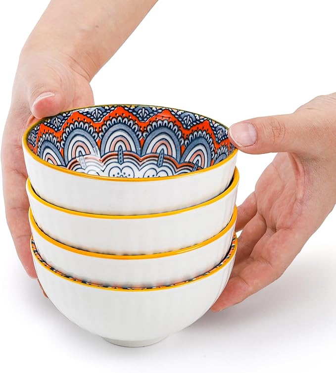 12 Pack Small Ceramic Bowls Set, 10Oz Colorful Dessert Bowl, 4.5Inch Ice Cream Bowls, Porcelain Boho Decorative Bowl for Snack Soup Condiments, Side Dishes, Kitchen, Microwave Safe (4 Styles)
