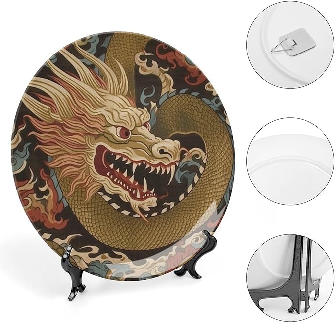 Dragon Gold Oriental Style Asian China Plates of 6", 7", 9", 10", Personalized Ceramic Craft for Decorative Ornaments, Table Home Decorations Wedding, with Display Stand And Hook Up