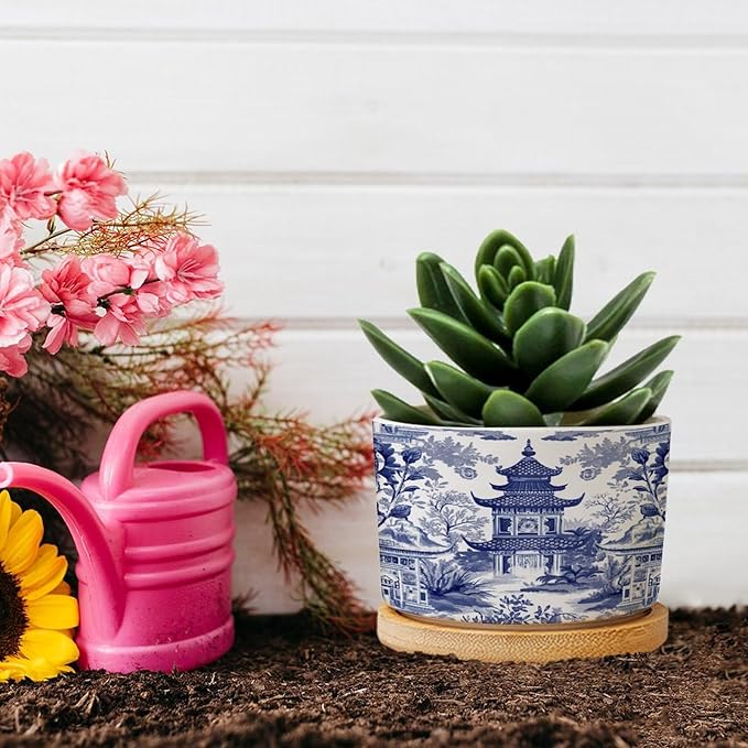 Chinoiserie Blue Asian Ceramic Planters Chinoiserie Chic Asian Snake Plant Live Indoor with Pot with Drainage Holes and Saucers Pot for Home Desktop Office Windowsill