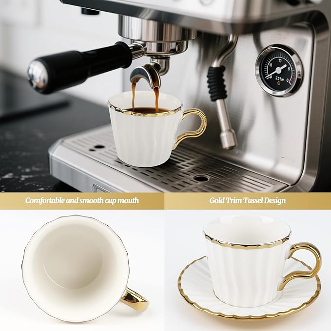 Espresso Cups with Saucers, 3.5 oz Turkish Coffee Cup With Gold Trim, Ceramic Tea Cups for Espresso Cappuccino Latte Mocha, Idea Gift, Dishwasher & Microwave Safe (Gold)