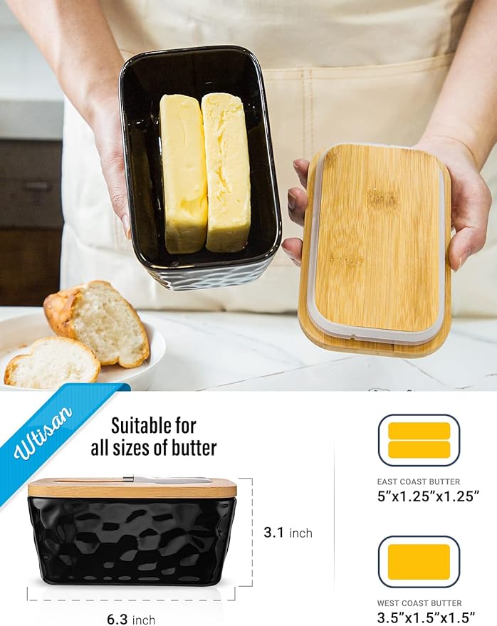 Butter Dish with Lid, Large Butter Dish for Countertop, Ceramic Butter Container with Knife Double Silicone Seal Unique Stone Butter Dishes with Covers for Farmhouse Kitchen Decor Home Decor Black