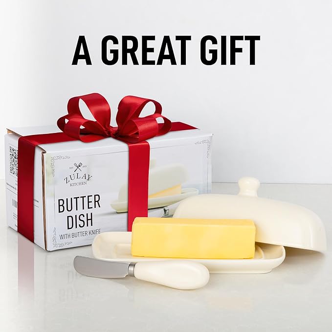 Zulay Butter Dish With Lid For Countertop - Porcelain Ivory, Ceramic Butter Dish with Knob Handle Great for Cooking - Elegant Design Butter Holder - Durable & Sturdy Butter Keeper - Ivory
