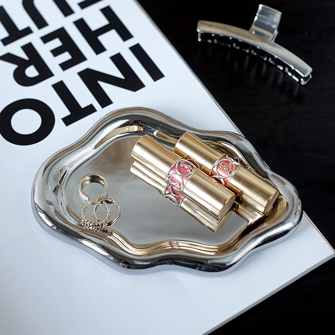 Jewelry Dish Trinket Tray for Women, Ring Dish Holder, Unique Cloud Shape Ceramic Plate Cute Things Vanity Aesthetic Room Decor Mother's Day Birthday (Silver)