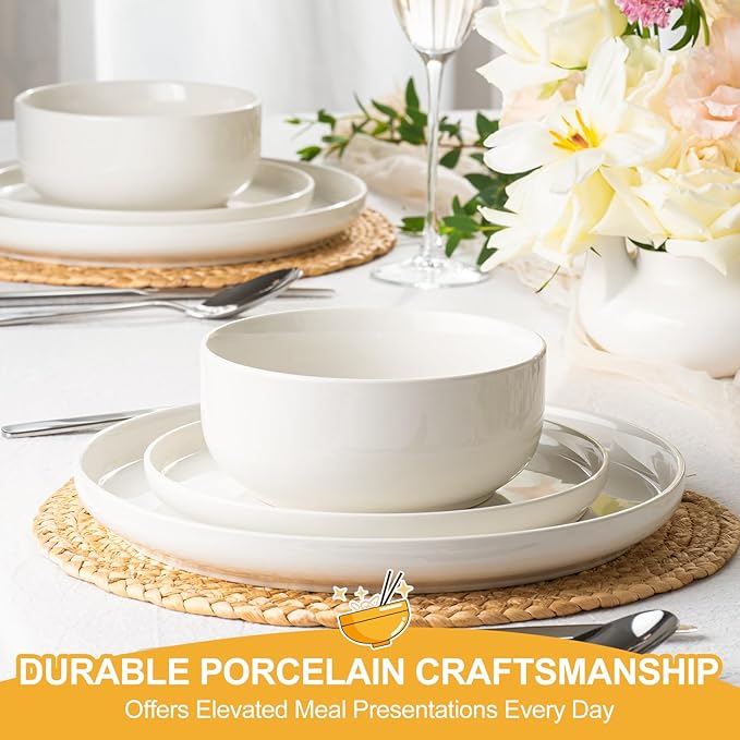 EWFEN Plates and Bowls Sets, 12 Pieces Ceramic Dinnerware Set for 4, Stoneware Dishware Dishes Set, Scratch Resistant Dishes Set, Dishwasher & Microwave Safe, White