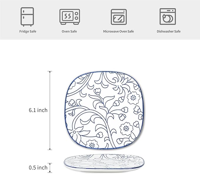 Selamica Porcelain Small Plates - 6 inch Dessert & Appetizer Plates, Microwave & Dishwasher Safe, Set of 6, Vintage Blue