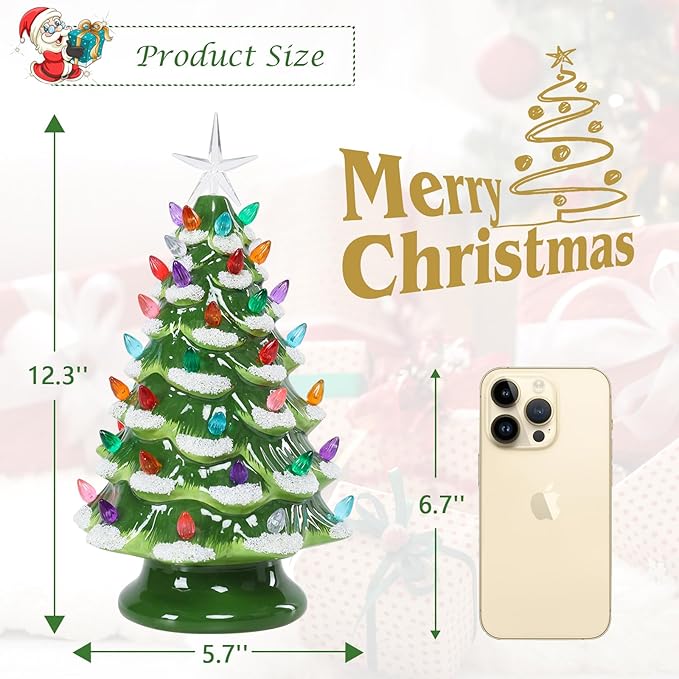 VCUTEKA Small Ceramic Christmas Tree Hand-Painted Vintage Tabletop Green White Christmas Tree Holiday Decoration with Multi-Color Lights Xmas Trees 12 inch