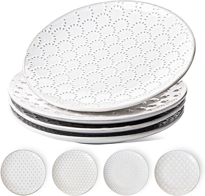 LE TAUCI Ceramic Salad Plates Set of 4, 8 Inch Embossed Dessert Plates for Appetizer and Small Dinner, Modern White Ceramic Plates for Kitchen, Microwave and Dishwasher Safe - Arctic White