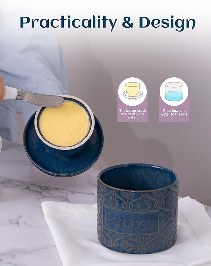 TEATALK Ceramic French Butter Crock - Vintage Relief Pattern Butter Keeper with Water Seal, 6.7oz Midnight Blue Butter Dish for Fresh Spreadable Butter, Farmhouse Kitchen Decor & Gift