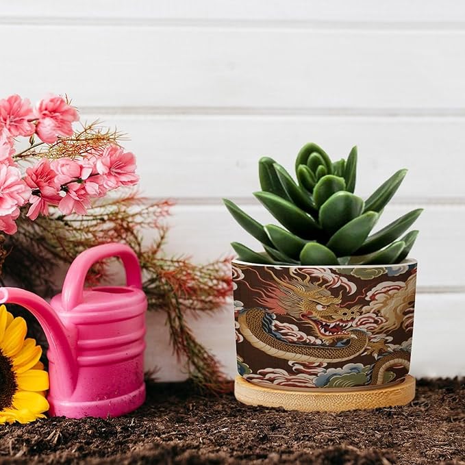 Chiang Dragon Ceramic Planters Chinoiserie Asian Pots for Plants with Drainage Holes and Saucers Pot for Indoor Outdoor Garden