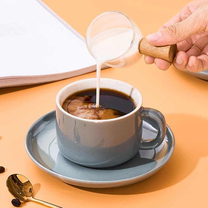 8oz Cappuccino Cups Set of 4, Ceramic Coffee Cups and Saucers Set with Spoons, Gray Durable Coffee Cups for Cappuccino Espresso Latte Mocha Au Lait Macchiato Cafe