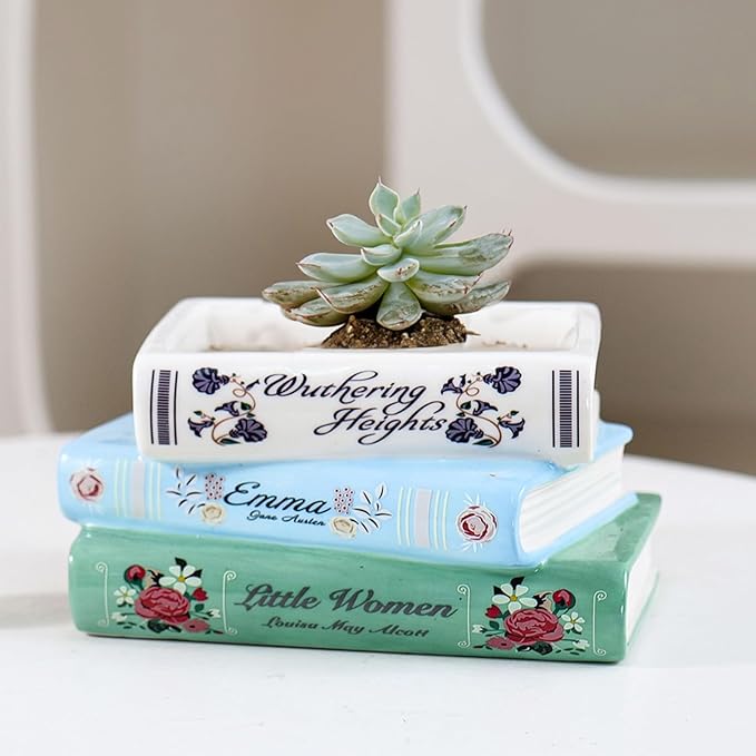 Book Vase for Flowers - 7" Ceramic Literary Planter, Modern Artistic Bookshelf Decor with Cultural Style - Unique Gift for Book Lovers