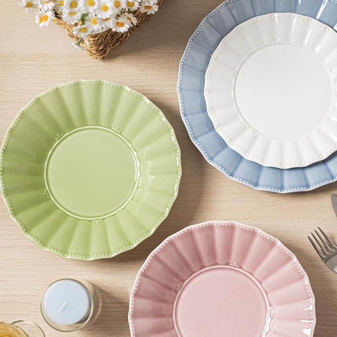 HOMBENE Dessert Plates 8 Inches Set for 6 Ceramic Serving Plates,plates for Cake Waffles, Snacks, Pasta, Noodle,Dinner, Microwave & Dishwasher Safe, Wavy Style (Mixed Colors)