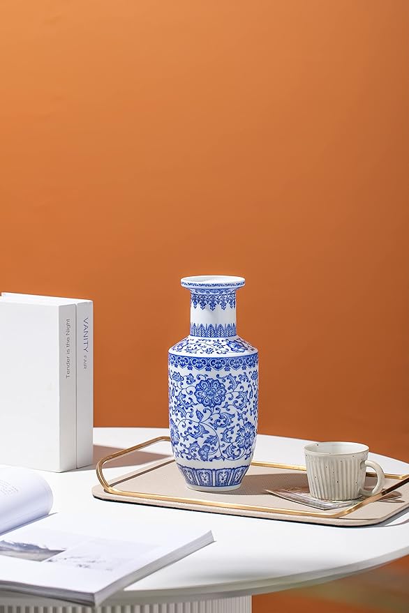Blue and White Vase, Blue Vase, Chinoiserie Vase, Ginger Jar Vase for Home Decor, Porcelain Decor,10" H