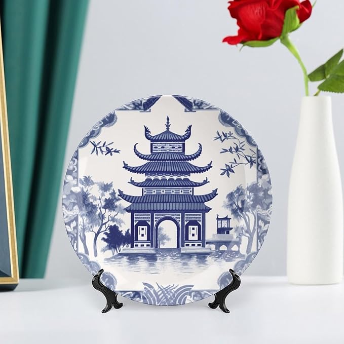 Chinoiserie Blue Asian Pagoda Plates Ceramic of 6", 7", 9", 10", Customize Bone China Decorative Plate, Wall Home Decorations Office, Unique Art with Stand