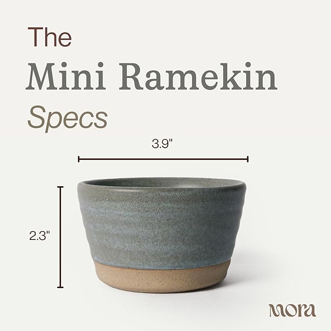Mora Mini Ramekins Set of 4, 8oz Ceramic Pottery Baking Dishes - Microwave, Oven and Dishwasher Safe - Peppercorn