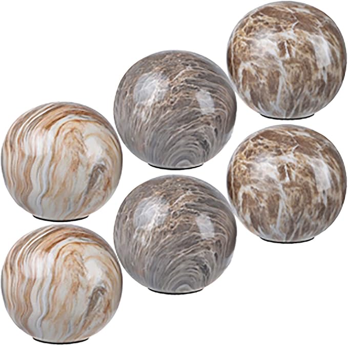 A&B Home Tan Decorative Marble Balls - Flat Base Table Centerpieces Beige Marbleized Ball with Flat Side, Set of 6 Ceramic Spheres, 4 inch