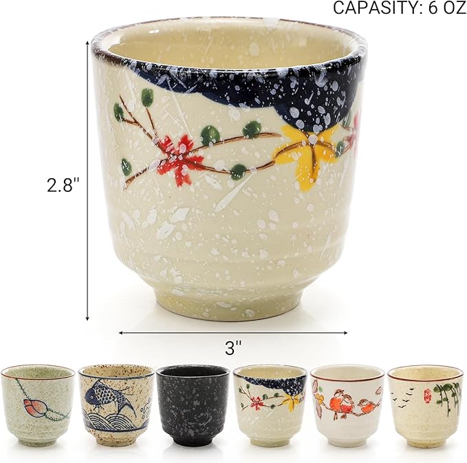 6 Pieces Japanese Tea Cups, 6 Oz Ceramic Coffee Cup with Good Heat Retention, No Handle Teacup Matcha Mug for Latte, Juice, Gift, Dishwasher Safe