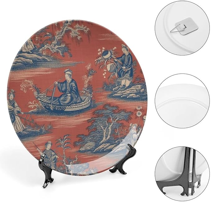 Cheng Toile Dynasty Red Chinoiserie Ceramic Decorative Plate of 6", 7", 9", 10", Personalized Hanging Decorative Tiles, Display Household Decorations Office, with Vertical Stand