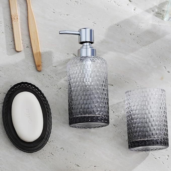 Bathroom Accessories Set, 4Pcs Clear Glass Bathroom Set, Hand Soap Dispenser, Toothbrush Holders, Tumbler, Bar Soap Dish for Modern Bath Decor Organizers and Storage Countertop Sink (Grey)