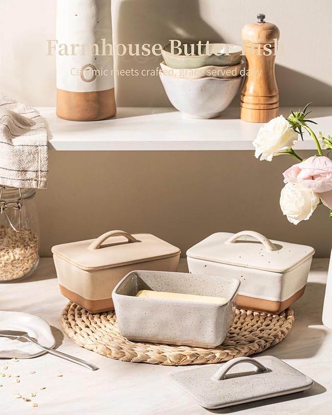 Besmeety Ceramic Butter Dish with Lid for Countertop, European 250g Butter Keeper, Vintage Farmhouse Decor (Gray)