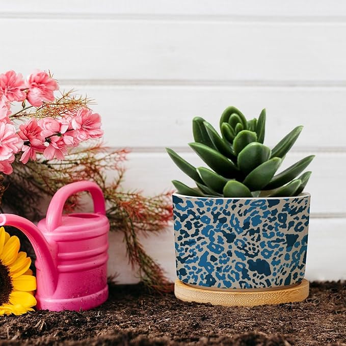 Leopard Blue and Light Brown Dot Ceramic Planter African Tribal Animal Print Snake Plant Live Indoor with Pot with Drainage Holes and Saucers Pot for Home Desktop Office Windowsill