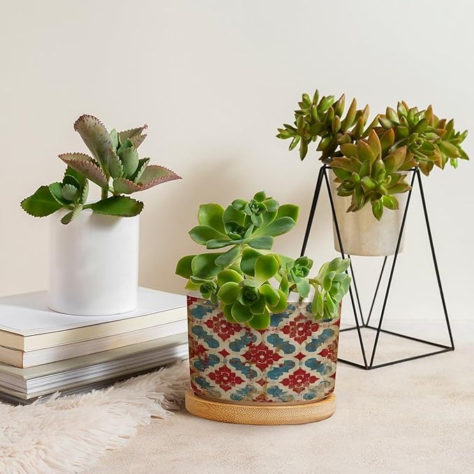 DreamAutumn Geometric Kilim Moroccan Ikat Planter Ceramic Round Plant Pots with Drainage Holes and Bamboo Tray Planting Small Flower Pots for Home Windowsill Desk Garden Indoor Outdoor Use