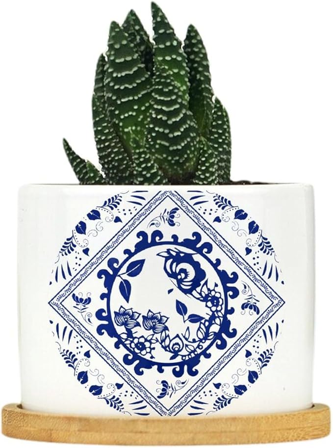 Chinese Style Blue And White Porcelain Print Ceramic Pots for Plants with Drainage Holes Round Flower Pot Bamboo Tray Orchid Pot Succulents Pots for Outdoor Indoor Plants,Housewarming Gifts