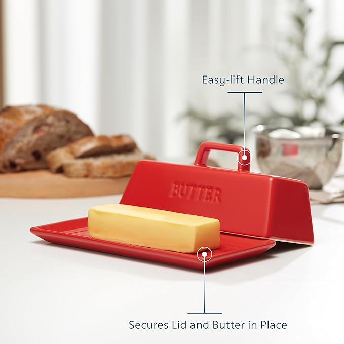 Butter Dish with Lid for Countertop, by Kook, Ceramic Dish Tray with Cover, Kitchen Keeper, Container, Holder (Red)
