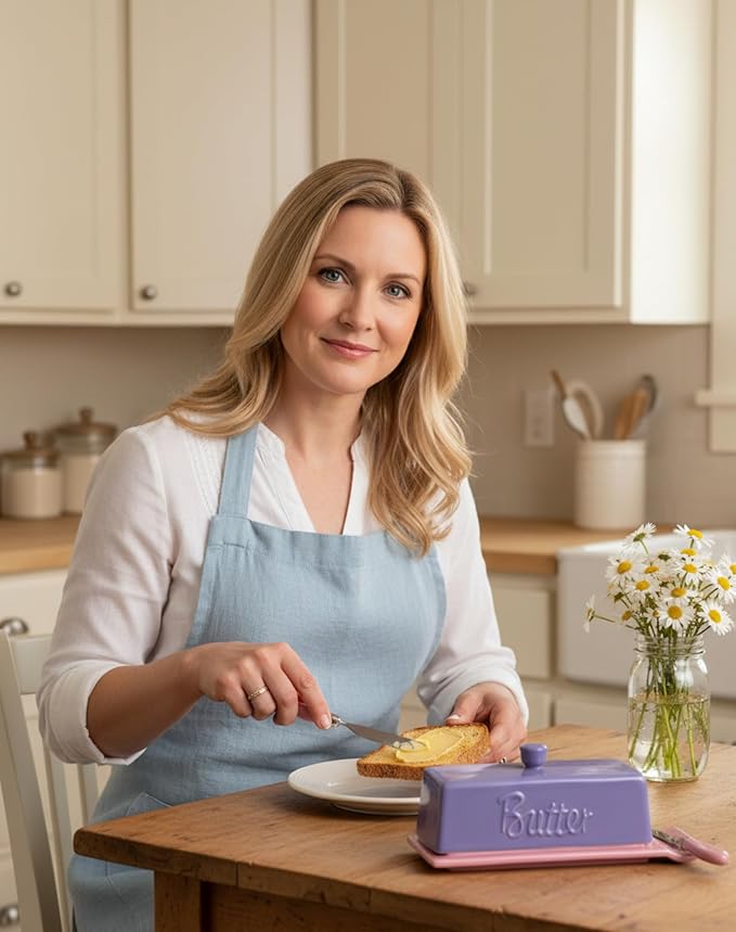 TEATALK Ceramic Butter Dish with Lid and Knife - Large Butter Holder, Farmhouse Style, 8-Inch Porcelain Butter Keeper with Scraper Edge, Purple & Pink