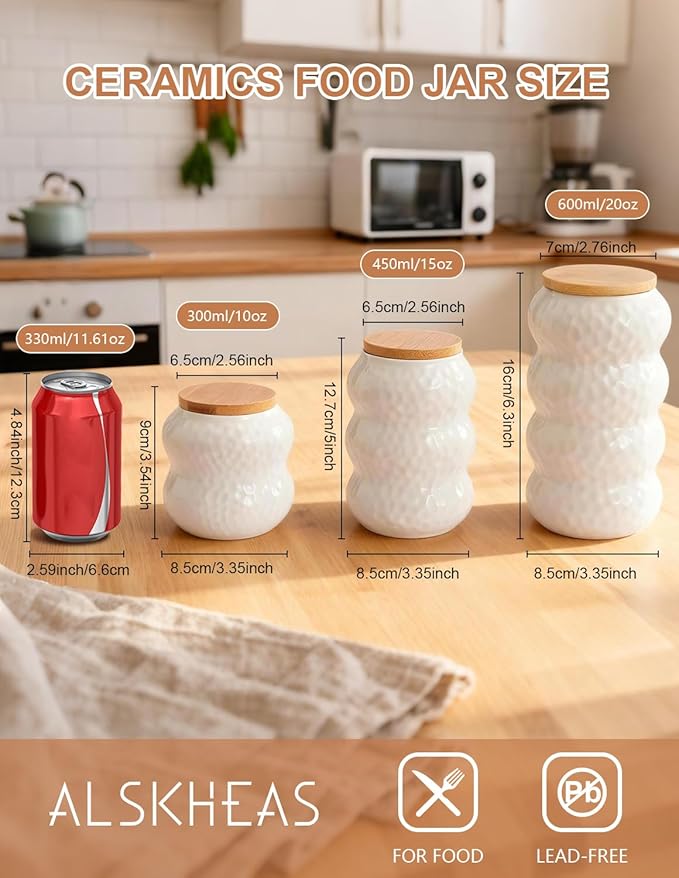 Ceramic Food Storage Containers with Lids, White Kitchen Canisters for Countertop, Middle Food Containers Jar for Coffee Bean, Sugar, Tea, Spices and More, Home Decor (450ml/15oz)