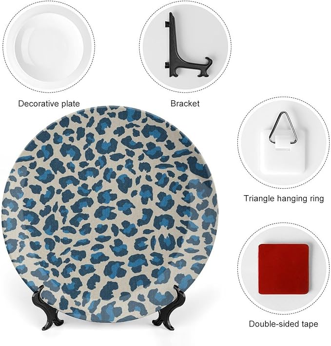 Leopard Animal Print Blue Plates Ceramic, Animals Wildlife with Textures Ceramic Craft for Decorative Ornaments for Table Farmhouse Office Decor, with Display Stand Art Decor for Home Club