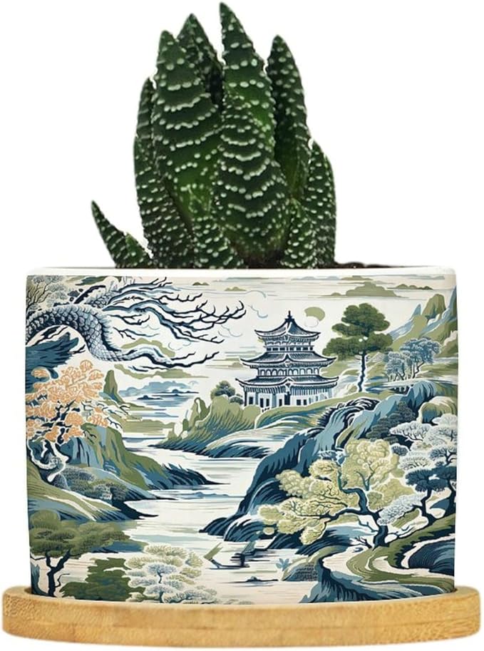 Trend Dragon and Print Ceramic Planter Chinoiserie Asian Inspired Snake Plant Live Indoor with Pot with Drainage Holes and Saucers Pot for Home Desktop Office Windowsill