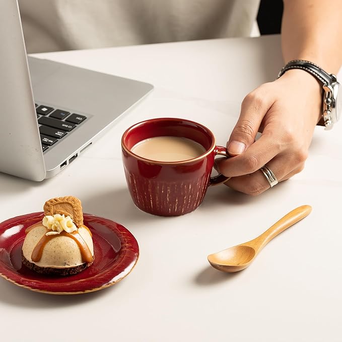 Ceramic Latte Cup with Saucer, 7 oz, Coffee Mug, Espresso Cups for Cappuccino, Milk Tea and Mocha, Dishwasher and Microwave Safe (red)