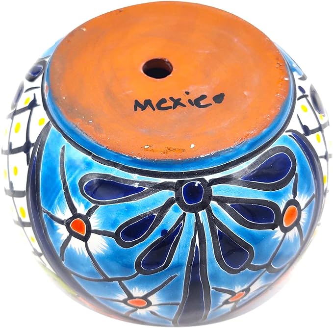 Cactus Canyon Ceramics Talavera Ceramic Planter, Hand-Painted Mexican Floral Print Plant Pot, Indoor Outdoor Round Bowl with Drainage Hole, Rustic Terracotta Decor, 8.5 Inch, Light Blue Multicolor