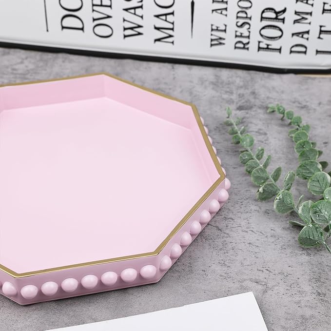 Pink Serving Tray for Coffee Table, Octagonal Beaded Plastic Decorative Tray for Ottoman, Kitchen Counter, Living Room
