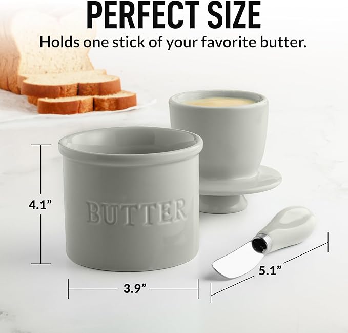 Zulay Kitchen Bell Shaped Butter Crock with Lid for Countertop with Water Line & Spreader Knife, Ceramic French Butter Dish Keeper For Fresh, Soft & Spreadable Butter - Light Gray