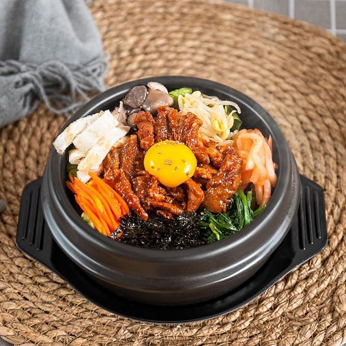 XICHENGSHIDAI Dolsot Bibimbap Earthenware Stone Bowl, Korean Cooking Soup Ceramic Pot, Donabe Pot for Ttukbaegi and Korean Stew with Tray 800ml / 27oz