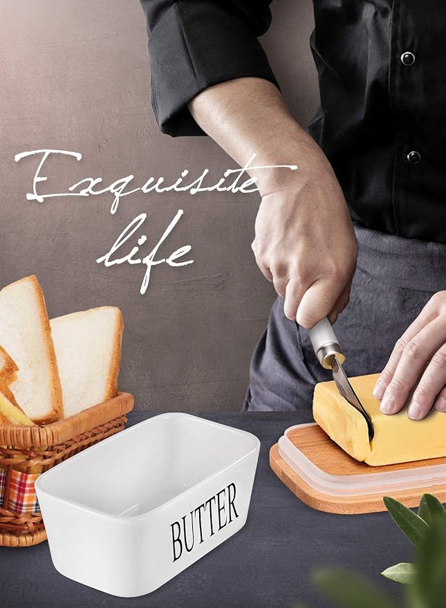 Butter Dish with Lid: Large Butter Dish for Countertop - Ceramic Butter Keeper Container with Knife and High Quality - Silicone Sealing Butter Box for Home Decor Good Kitchen Gift Black White