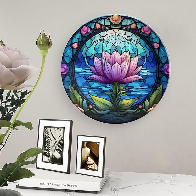 Decorative Plates, Purple Lotus Lake Landscape Stained Glass Painting Ceramic Dinner Plate Home Wobble-Plate w/ Display Stand, Wall Hanging Decor for Kitchen Household 8 Inch, Gifts for Lotus Lover