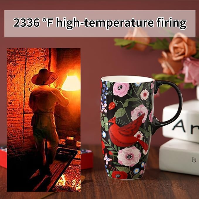 Topadorn Ceramic Travel Mug Cardinal Bird Porcelain Latte Tea Cup Coffee Mug with Matched Box, 17oz.