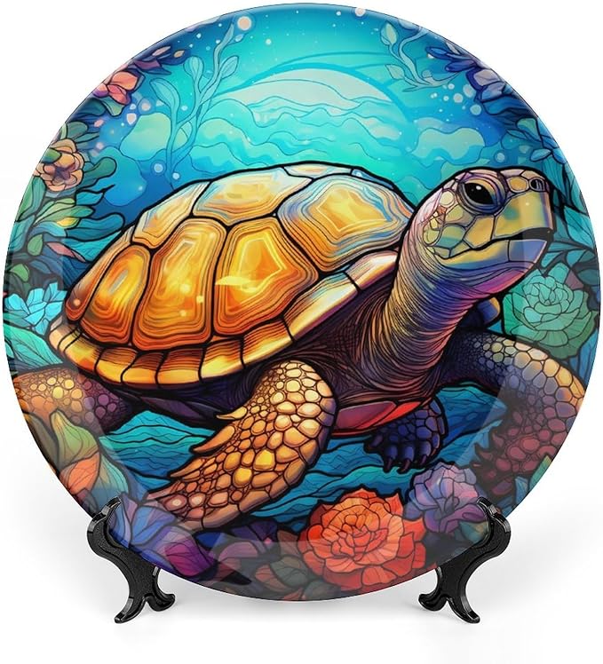 Decorative Plates for Wall Hanging, Ocean Turtle & Flower Stained Glass Design Ceramic Plate w/ Display Stand, Home Decor for Kitchen Cabinets, Farmhouse Round Tray 6 Inch, Gift for Turtle Lovers