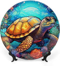 Decorative Plates for Wall Hanging, Ocean Turtle & Flower Stained Glass Design Ceramic Plate w/ Display Stand, Home Decor for Kitchen Cabinets, Farmhouse Round Tray 6 Inch, Gift for Turtle Lovers