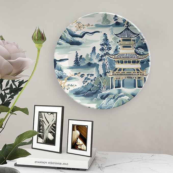 Blue And White Chinoiserie Pagoda Ming Toile Asian Ceramic Decorative Plate for Display Table Art Decoration Supplies Household Office Holiday Party Decorations Customize Gifts for Men Women Holiday