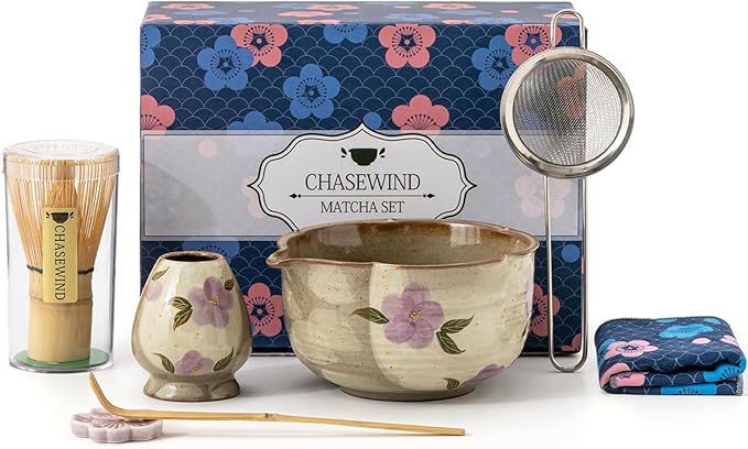 Matcha Whisk Set, 7Pcs Matcha Set with Hand-Painted Ceramic Matcha Bowl, Matcha Whisk and Holder, Scoop and Rest, Sifter, Tea Towel, Artisan Matcha Kit for Ceremony & Gifting (Purple)