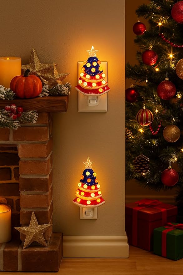 4th of July Patriotic Ceramic Christmas Tree Night Light, 6-Inch Plug-in Vintage Holiday Lamp with 28 Red White Blue Lights, 360° Rotating UL Plug, Warm Glow & Bulb Included (USA Flag)
