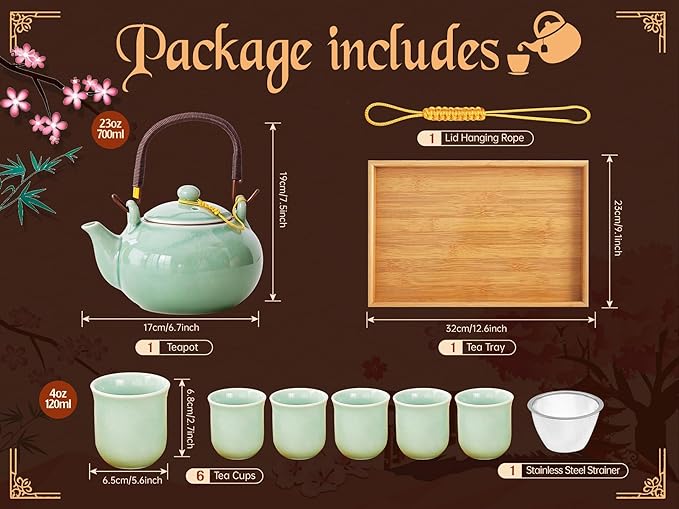 Japanese Tea Set for Adults, Japanese Gongfu Tea Set with 1 Teapot (23.5oz/700ml), 6 Tea Cups(4oz/120ml), Tea Tray & Stainless Infuser, Japanese Teapot Set Tea Gift Set (Kiln Mint Green)