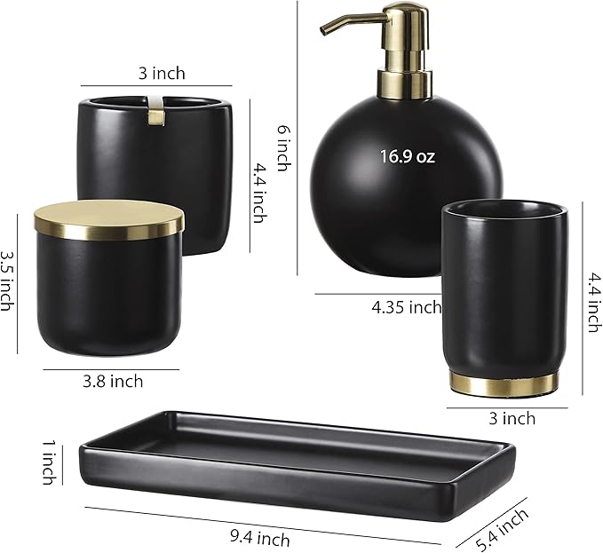 Bathroom Accessories Set, 5-Piece Ceramic Bath Accessory Complete Set with Lotion Dispenser/Soap Pump, Cotton Jar, Vanity Tray, Tumbler and Toothbrush Holder (Black and Gold)