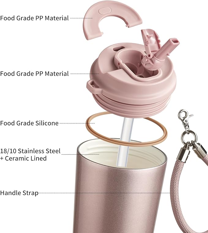 TKK Coffee Cup with Ceramic Coating - 14oz Insulated Stainless Steel Travel Mug, Leak-Proof Tumblers with Straw for Hot/Cold Beverages, Easy Wide Mouth Cleaning, Pink